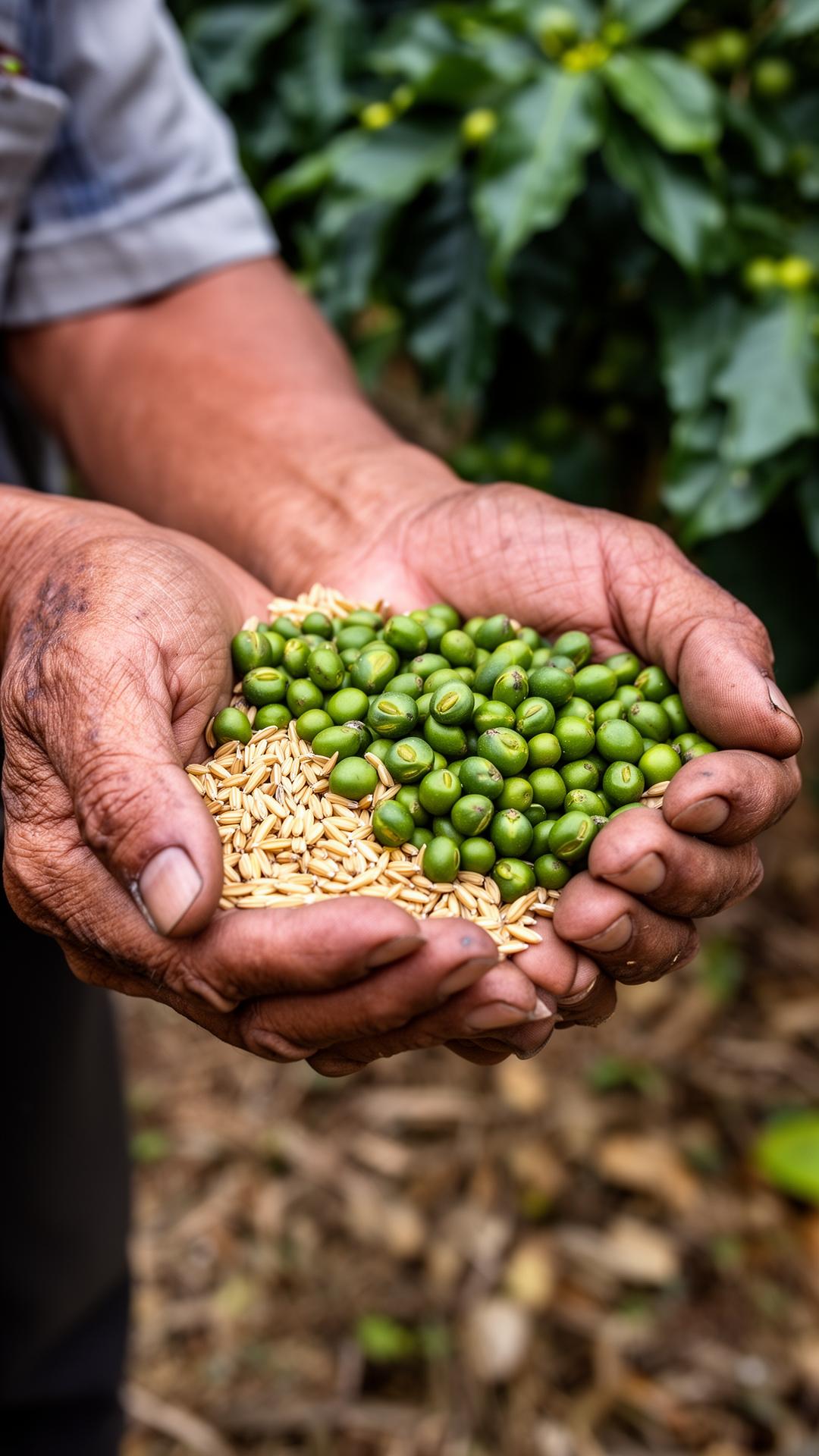 Vietnamese farmer hands holding coffee and rice