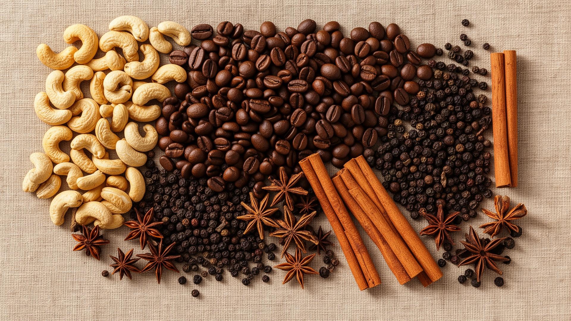 Coffee, cashews, pepper and spices